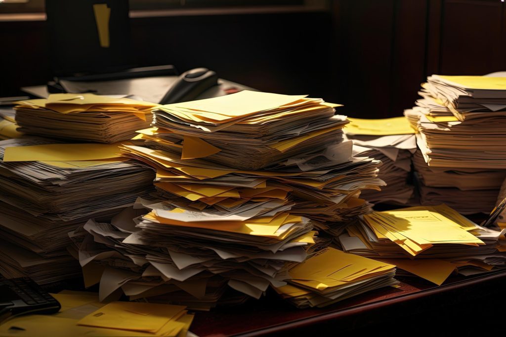 A pile of unprocessed documents waiting